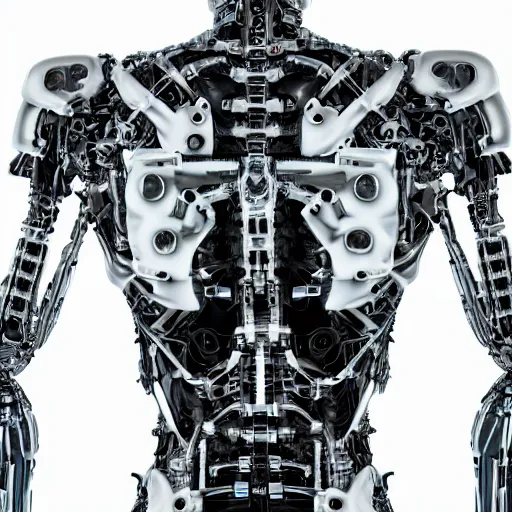 Image similar to upper back closeup of a complex chromium cybernetic endoskeleton in a white room : : highly detailed : : transparent armor : : three fourth rear shot