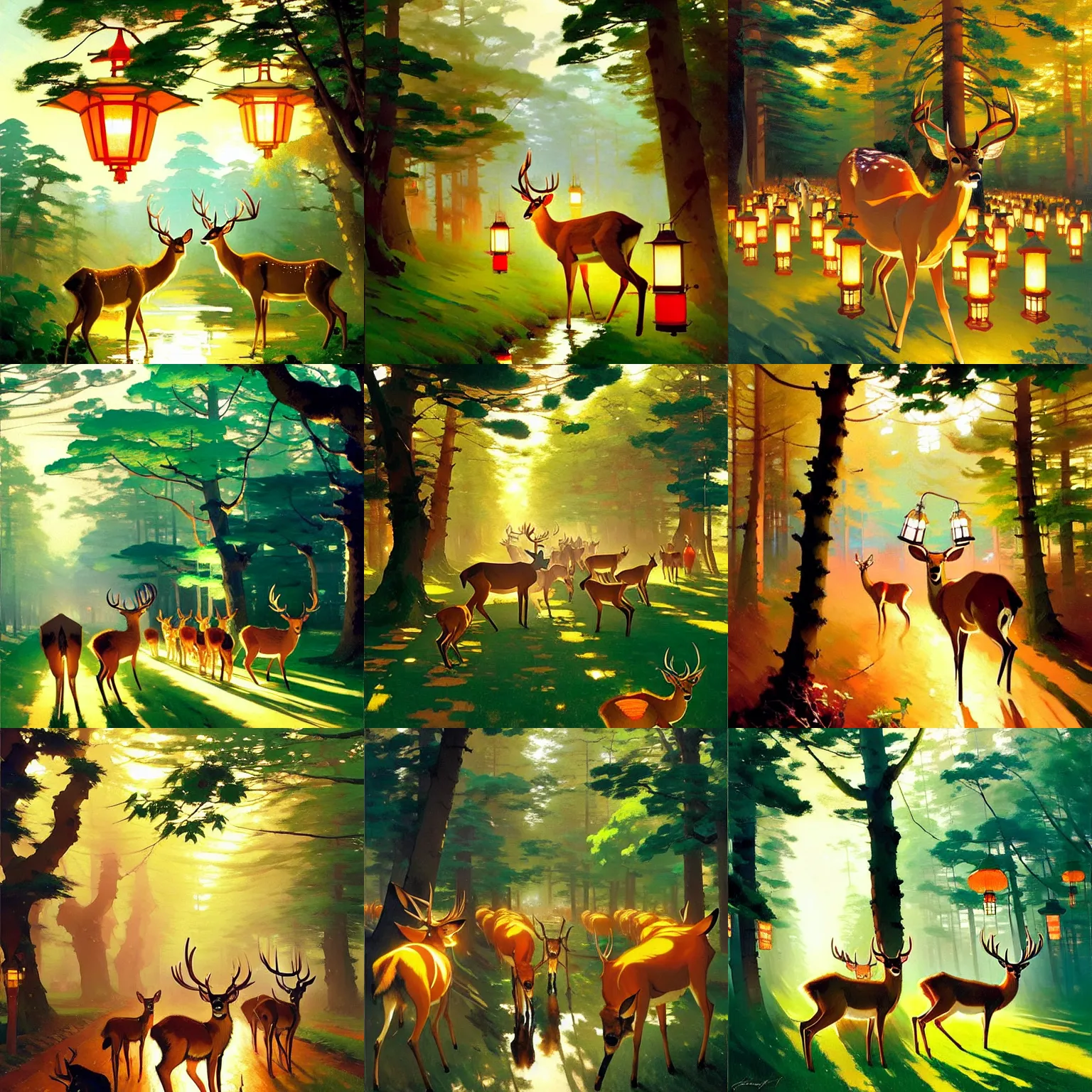 Prompt: deers in a forest of lanterns, by studio ghibli painting, by joaquin sorolla rhads leyendecker, an aesthetically pleasing, dynamic, energetic, lively, overlaid with aizome patterns, by ohara koson and thomas kinkade, traditional japanese colors, superior quality, masterpiece