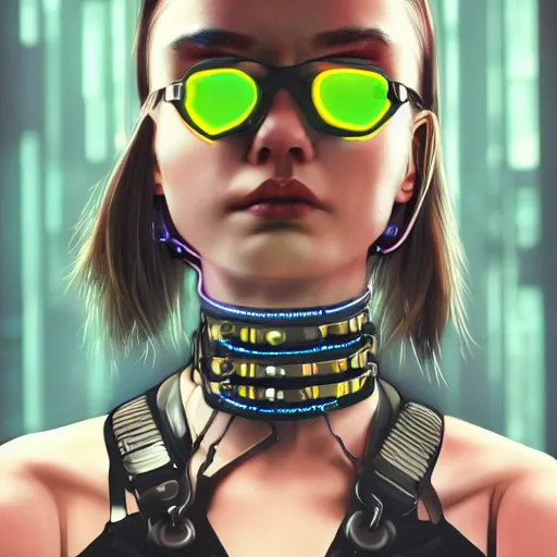 Image similar to detailed realistic cyberpunk female character cyberpunk wearing steel collar around neck, realistic, art, beautiful, 4K, collar, choker, collar around neck, punk, artstation, detailed, female, woman, choker, cyberpunk, neon, punk, collar, choker, collar around neck, thick collar, choker around neck, wearing choker, wearing collar, bright neon punk hair,