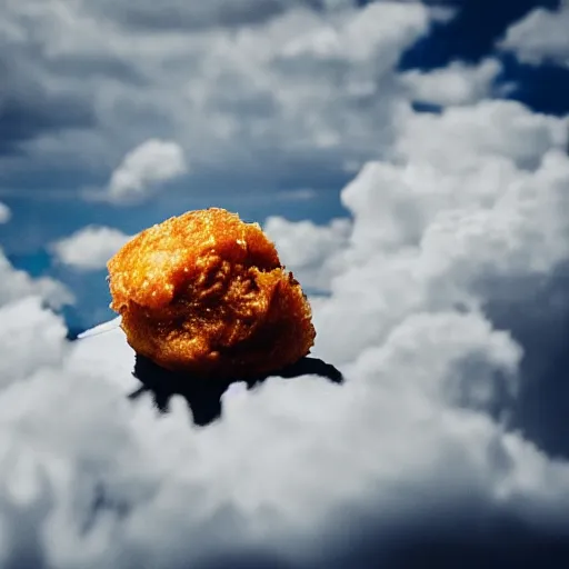 Image similar to happy chicken nugget resting on a cloud, dramatic lighting, high contrast