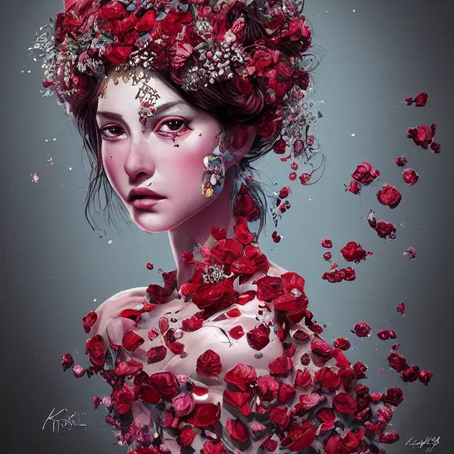 Image similar to studio portrait absurdly beautiful, elegant, graceful, young hypercolorful contrast sensual gravure idol rubies red petals gems, ultrafine hyperrealistic detailed face illustration by kim jung gi, irakli nadar, intricate linework, sharp focus, bright colors, matte, octopath traveler, final fantasy, unreal engine highly rendered, global illumination, radiant light, intricate environment