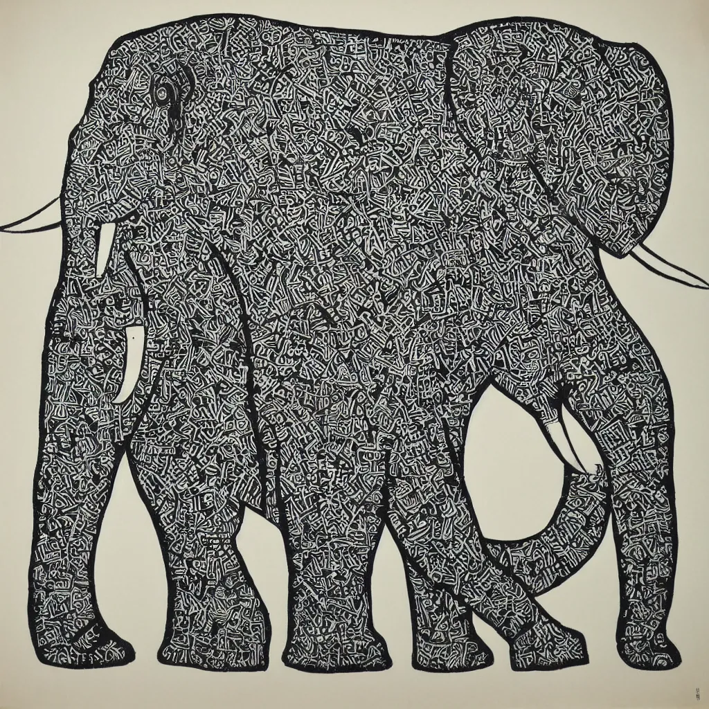 Prompt: block print cubist style elephant art