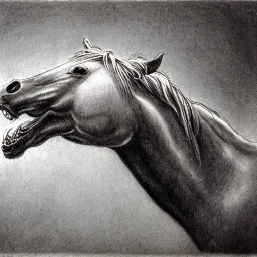 Prompt: A horse grinning with a full set of human teeth, drawing by Stephen Gammell