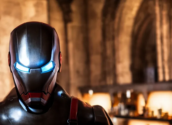 Prompt: a reflective steel engineering ironman - mask at a high end bar in a medieval themed castle in golden afternoon light, professional photography