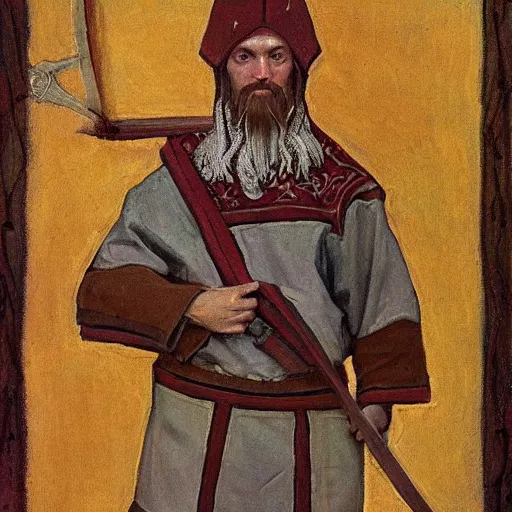 Image similar to slavic dog head man, woolen torso in medieval clothes, holding a weapon, orthodox, oil painting, concept art, hyperrealism, beautiful, high resolution, trending on artstation, by annie swynnerton and nicholas roerich, embroidered robes, elaborate costume, geometric ornament, symbolist, soft colors,,