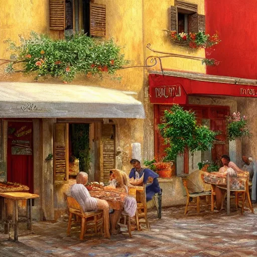 Image similar to a traditional pizzeria in the street of a small village on the riviera. a terrace in the shade of a hundred - year - old olive tree, a friendly atmosphere around pizzas and rose wine. dolce vita. unreal engine rendering, hyper realist, ultra detailed, oil painting, warm colors, happy, impressionism, da vinci,