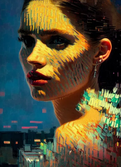 Image similar to portrait of a beautiful girl, new york backdrop, sad, sunset shades, beautiful face, rule of thirds, intricate outfit, spotlight, by greg rutkowski, by jeremy mann, by francoise nielly, by van gogh, digital painting