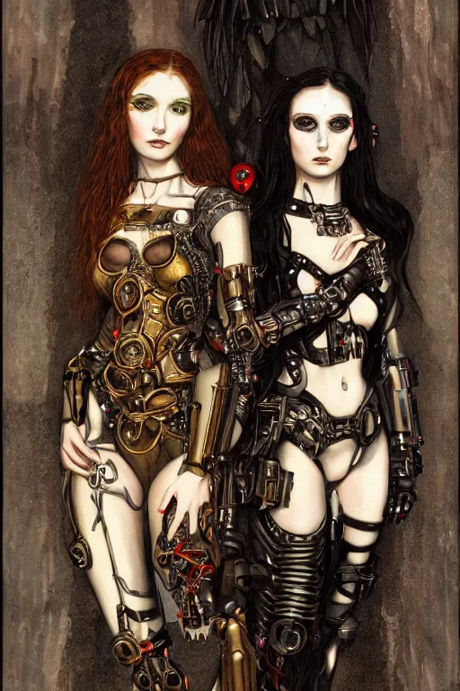 Image similar to portrait of two beautiful young gothic cyborg maidens, cyberpunk, Warhammer, kiss, highly detailed, artstation, illustration, art by Gustav Klimt