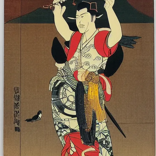 Prompt: A beautiful kinetic sculpture of a man, with an animal skull for a head, and a large bird perched on his shoulder. The man is looking up at the bird with a fierce expression, and the bird is looking back at him with what seems to be an equally intense gaze. vintage Disney by Kunisada