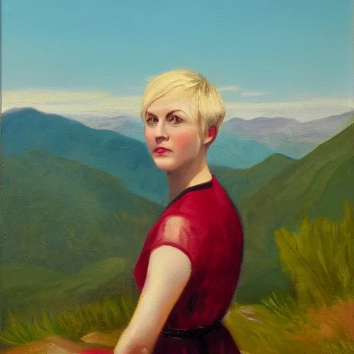 Image similar to a woman with short blonde hair poses on a mountain, oil painting,