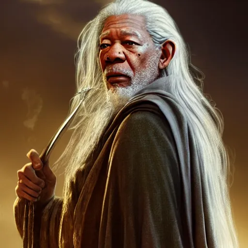 Image similar to morgan freeman starring as gandalf in lord of the rings, made by stanley artgerm lau, wlop, rossdraws, artstation, cgsociety, concept art, cgsociety, octane render, trending on artstation, artstationhd, artstationhq, unreal engine, 4 k, 8 k