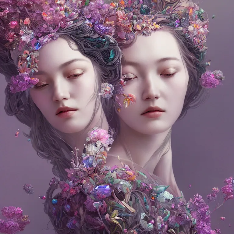 Prompt: breathtaking detailed concept art painting art deco portrait of gaea the goddess amalgamation flowers made of crystals, by hsiao - ron cheng, bizarre compositions, exquisite detail, extremely moody lighting, 8 k