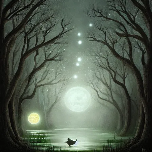 Prompt: an ultra detailed painting of a fantasy forest at night, nestled in a riverbank is gigantic ancient tree with a water sprite in a beautiful white dress sitting on the lowest bough, the moon can be seen through the trees and is veiled by fog, fog obscures the background, midnight, dark fantasy