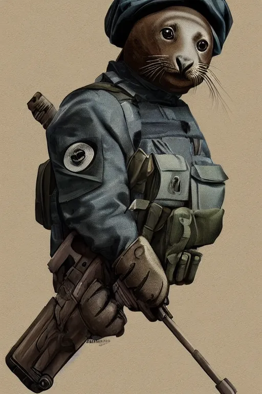 Image similar to A cute seal shown in navy uniform, digital art, extremely detailed, portrait, trending on artstation