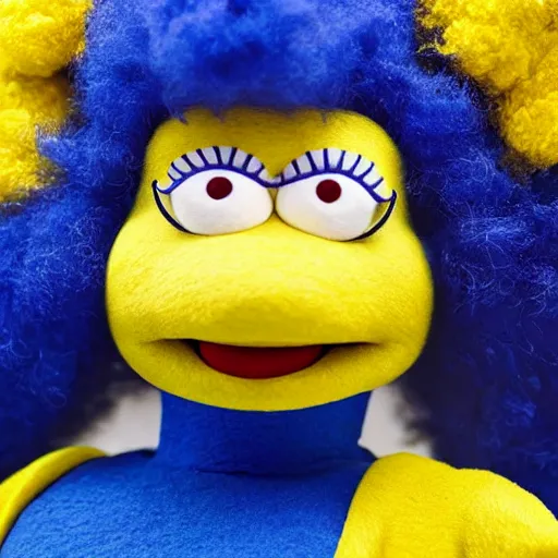 Image similar to marge simpson as a muppet blue hair, yellow skin, green dress. highly detailed felt. hyper real photo. 4 k.