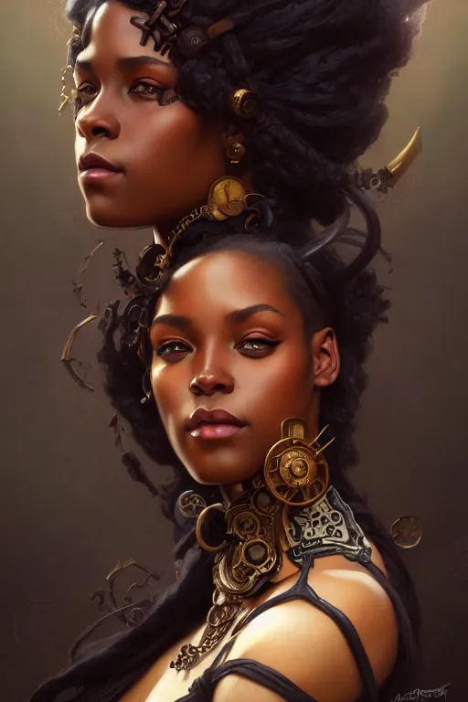 Portrait of black beautiful steampunk girl, D&D, face