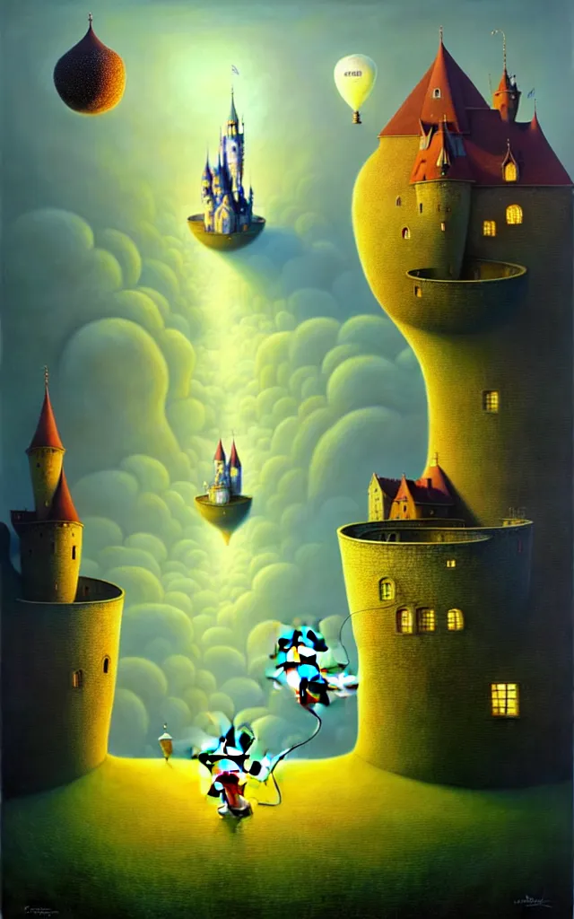 Image similar to gediminas pranckevicius an oil on canvas portrait painting of mickey mouse, surrealism, surrealist, cosmic horror, rob gonsalves, high detail fantastic world castle happy place, volumetric light godray