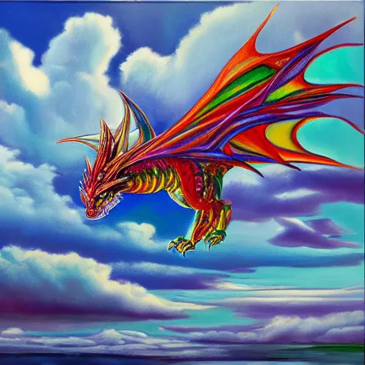 Prompt: oil painting of a dragon made of panes of colored glass, flying in the clouds