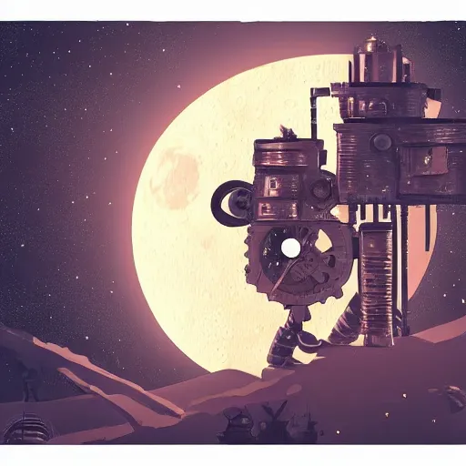 Image similar to an illustration of a mechanical moon against a black sky, steampunk, trending on artstation