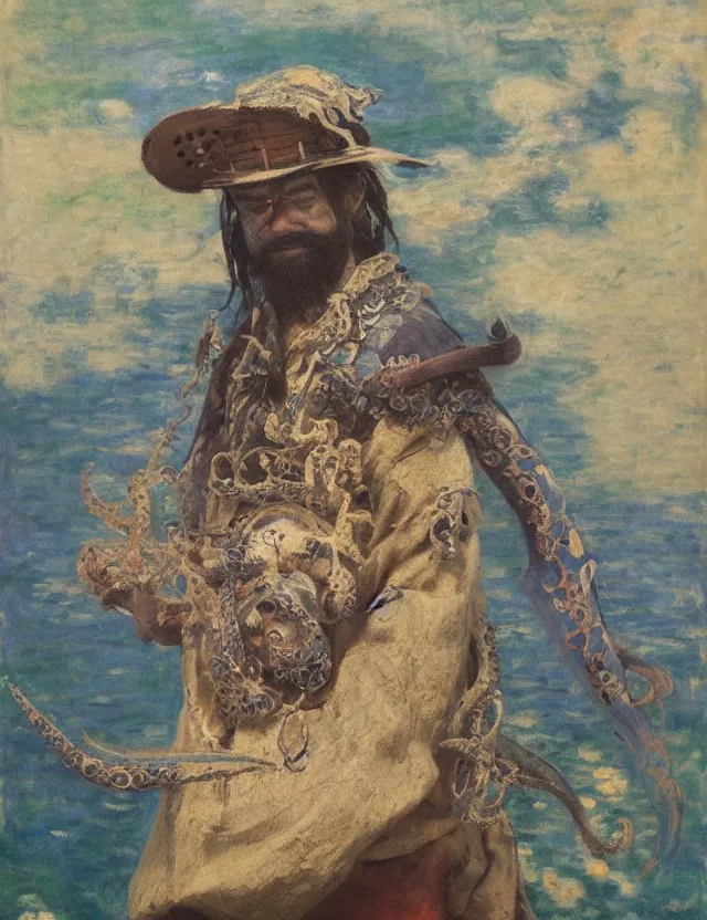 Prompt: a magical fantastic non human samurai with a octopus mask by jeremy lipkin, by claude monet, made with millions of stroke, japanese inspiration, wonderful details, crazy colors 1 0 %, pale sober colors 9 0 %