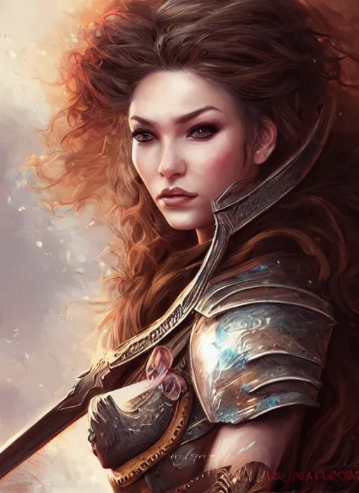 Image similar to a beautiful female warrior, 8 k, hyperrealistic, dragon slayer, hyperdetailed, fantasy portrait by laura sava