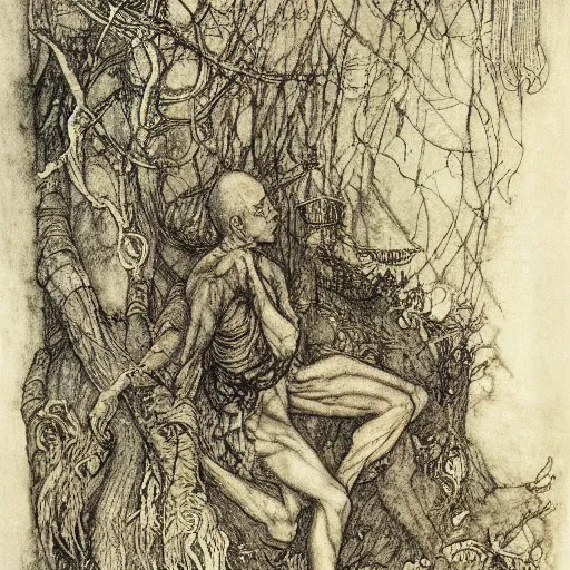 Prompt: once upon a midnight dreary, while i pondered, weak and weary, over many a quaint and curious volume of forgotten lore, by arthur rackham, highly detailed, 8 k,