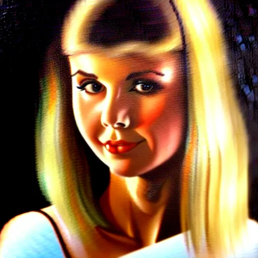 Prompt: close up of a young Olivia Newton-John, zanadu, Masterpiece, oil on canvas, artgerm, norman rockwell, craig mulins, trending on pxiv,