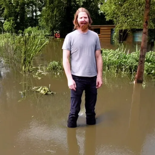 Image similar to Aphex Twin standing in front of a flooded german town