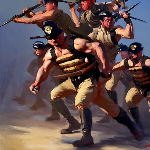 Image similar to greg manchess painting of a propganda poster of a group of men charging at the enemy wearing military uniform, painting, trending on artstation, by huang guangjian and gil elvgren and sachin teng