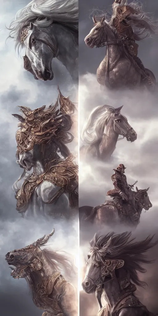 Image similar to Portraits based on the four horsemen of the apocalypse, intricate, elegant, fantasy, highly detailed, digital painting, sharp focus, illustration, beautiful volumetric lighting, epic light, trending on Artstation.