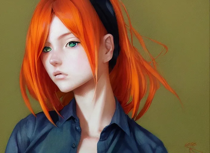 Image similar to portrait Anime Girl with orange hair and freckles, green eyes fine face pretty face, realistic shaded Perfect face, fine details. Anime. by katsuhiro otomo magali villeneuve, artgerm, rutkowski Jeremy Lipkin and Giuseppe Dangelico Pino and Michael Garmash and Rob Rey