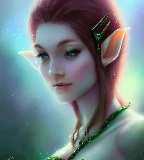 Prompt: cute female elf, perfect face, tiara, pale green halter top, auburn hair, abs, cinematic, blush, stunning, elegant, highly detailed, psychedelic, digital painting, artstation, smooth, hard focus, illustration, art by jessica rossier and and brian froud
