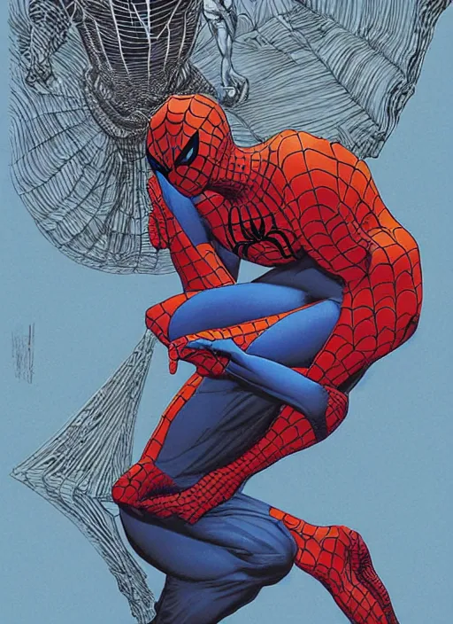 Image similar to poster artwork by Michael Whelan and James Jean, dramatic pose of Spiderman holding Mary Jane, reality is a web of lies, psychological thriller from scene from Twin Peaks, clean, simple illustration, nostalgic, domestic, full of details