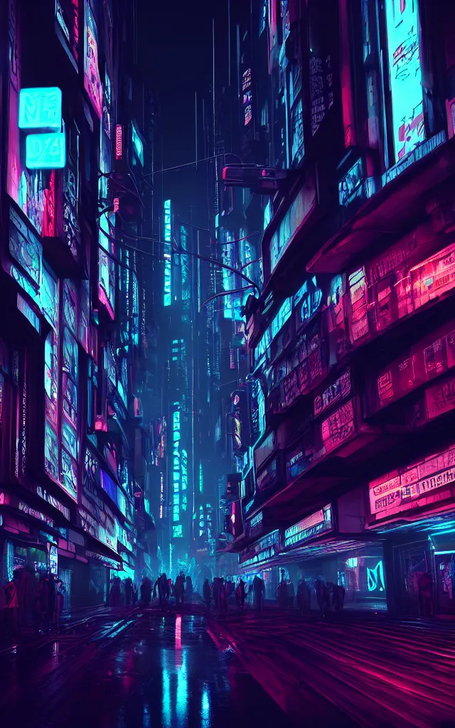 Prompt: 3 d render of a magnificent dark neon futuristic cyberpunk city bustling street at night cyberart by liam wong in the film akira rendered in octane, trending on cgsociety, blender 3 d