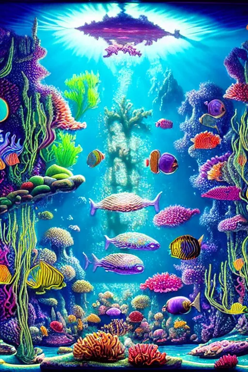 Prompt: a photorealistic detailed image of a beautiful vibrant iridescent underwater seascape of full of colorful aquatic plants and hidden cities, no fish, spiritual science, divinity, utopian, by david a. hardy, hana yata, kinkade, lisa frank,