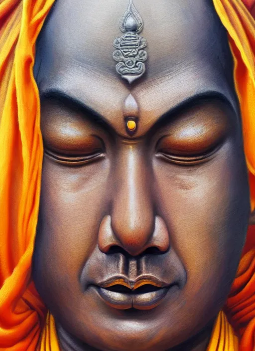 Image similar to smart sri lanka buddhist monk, closeup portrait, without eyebrows, historical hero, ethnic group, tai costume, background is sukhothai temple, intricate, elegant, loin cloth, highly detailed, oil painting, artstation, concept art, matte, sharp focus, illustration, hearthstone, art by earl norem