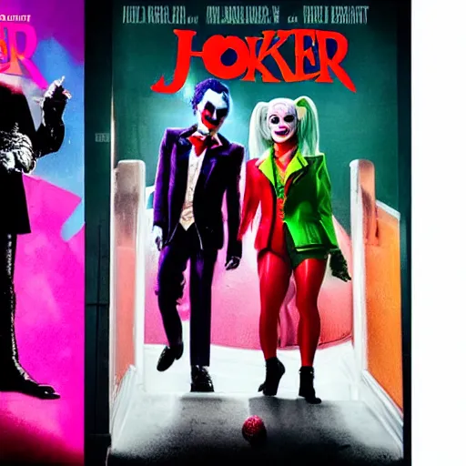Prompt: joker movie poster, with lady gaga as harley quinn and joaquin phoenix as joker, at joker stairs