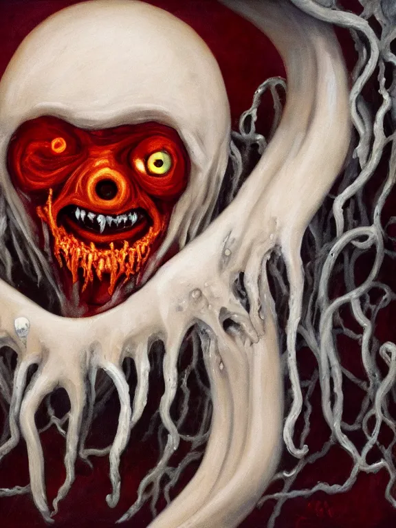 Prompt: oil painting of a flying sorrowful looking human head with tears running down it's eyes, face that is chalk white in color, with long sprawling white tentacles stemming down it's neck, fiery scorching red eyes, flying in a terrifying hellish dark cavernous place