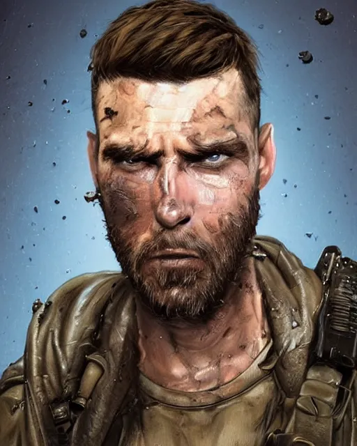 Image similar to portrait of muscular, tired and alcoholic 3 0 - year - old model man with short darkblonde hair, serious sad look in his eyes, dirty beard, blue eyes, crying, wearing dirty soldier uniform, on the desert, hyper realistic face, beautiful eyes, character art, art by mark brooks, hyperdetailed, cryengine, trending on artstation, digital art