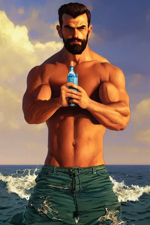 Prompt: gigachad bodybuilder luigi drinking beer can at the ocean summertime by ilya kuvshinov, ernest khalimov body, super mario bros symmetrical face concept art, hyper realistic, intricate, elegent, highly detailed, digital painting, concept art, smooth, sharp, focus, illustration, art by artgerm and greg rutkowski and alphonse mucha, artstation