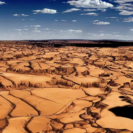 Prompt: climate catastrophe dystopian draught wide angle landscape skeletons desert dark 4 k