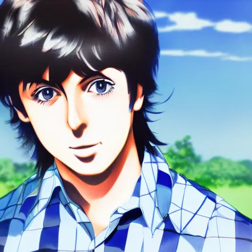 Image similar to close up anime illustration of young Paul McCartney from the Beatles, wearing a blue and white check shirt, silver sports watch, outdoors in Singapore, ufotable