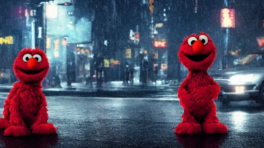 Prompt: Still image of Elmo in a John Wick movie, cinematic, dark, city lights, rainy, dramatic