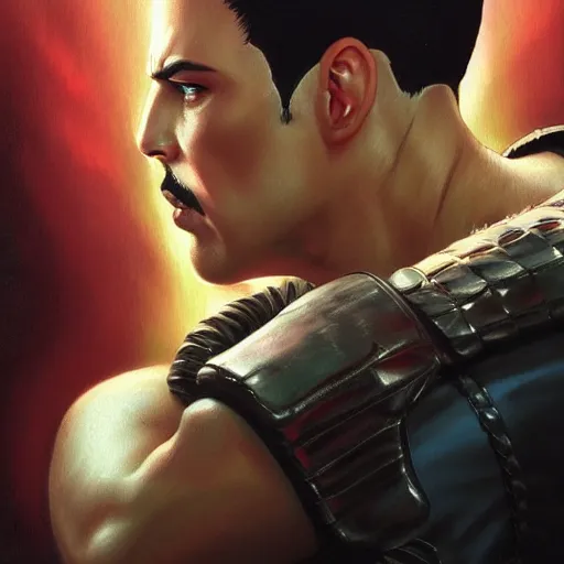 Image similar to ultra realistic freddy mercury as ryu from street fighter, portrait, 4 k, ultra realistic, detailed focused art by artgerm and greg rutkowski and alphonse mucha