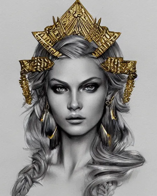 Image similar to tattoo design sketch of hot blonde super model as aphrodite greek goddess wearing a gold laurel wreath and triangle earrings, beautiful piercing gaze with sharp pupils, in the style of greg rutkowski, fantasy, amazing detail, epic, elegant, smooth, sharp focus, front view