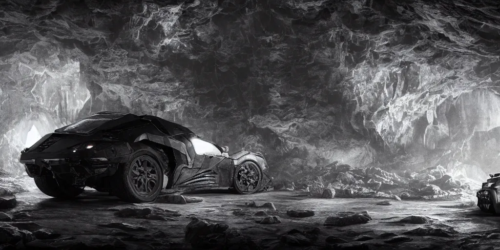 Image similar to the batmobile standing in a very dark and wet cave. highly detailed. intricate. mist. atmospheric. rim light. photorealistic. 8 k. monochrome. rays of light filling the cave. cinematic. matte painting. cinema 4 d. octane render. imagined by ash thorp. ambient occlusion. global illumination.