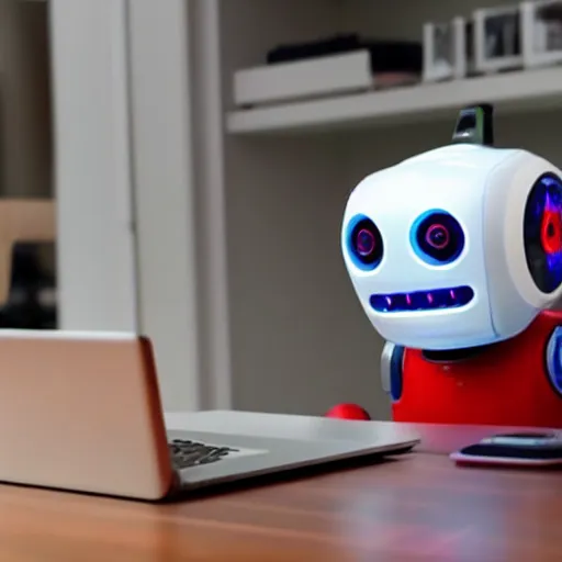 Image similar to Cute pet robot laughs maniacally as it types on a computer, adorable friendly robot