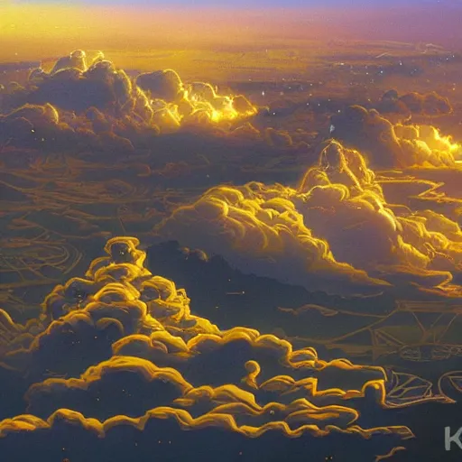 Image similar to the golden city of the gods in the clouds by killian eng and moebius