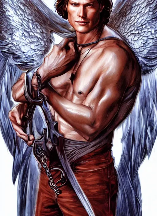 Prompt: handsome Sam Winchester as a muscular angel handcuffed, urban fantasy romance book cover, D&D!, fantasy style, sharp focus!, ultra detailed, art by Artgerm and Peter Andrew Jones, WLUP