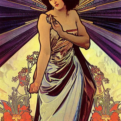Image similar to battle angel, painted by alphonse mucha